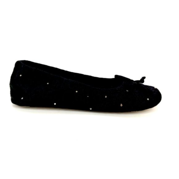 Isotoner Womens Ballet Style Slipper Embossed Fabric Round Toe Studded Black 5-6 - Picture 1 of 9